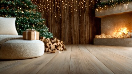 Obraz premium A beautifully decorated Christmas living room featuring a cozy sofa, a adorned tree, a warm fire, and a gift that embody the spirit of the holiday season.