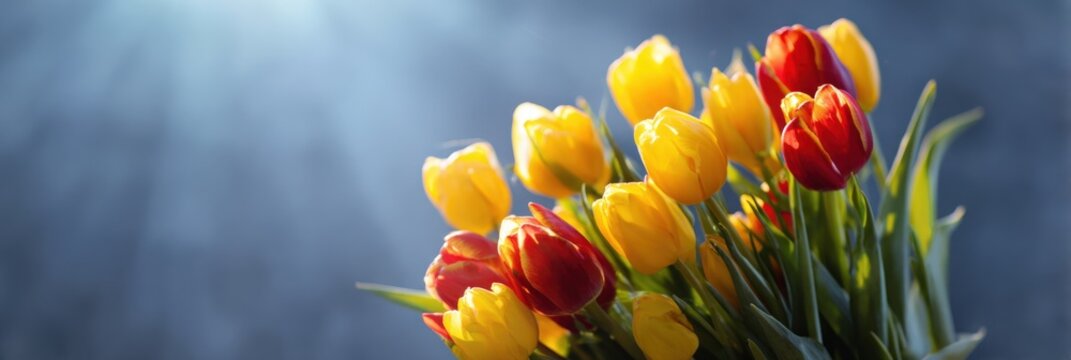 Vibrant yellow and red tulips in sunlit bloom against blue background
