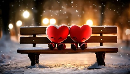 Cartoon hearts on bench, winter.