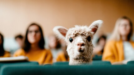 In a classroom setting, a curious llama gazes out from between seated students, creating a humorous and unexpected twist on normal educational environments.