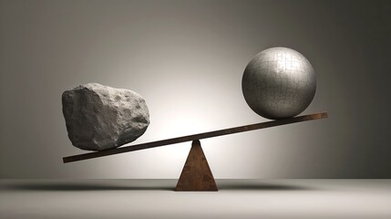 A balanced visual of a rock and a sphere resting on a wooden seesaw