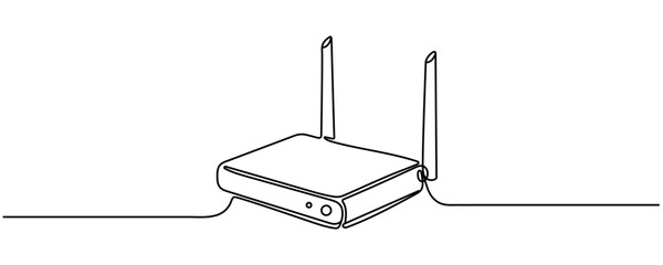 Continuous line drawing of a wireless router with antennas and cables in minimalist black and white single line art style Editable stroke