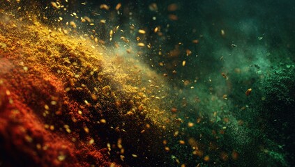 Colorful abstract composition featuring a diagonal divide with vibrant hues and particles