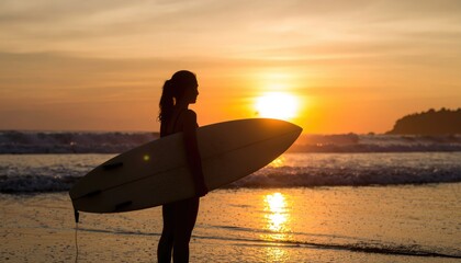 Surfer Holding Board on Beach During Sunset with Orange Sky