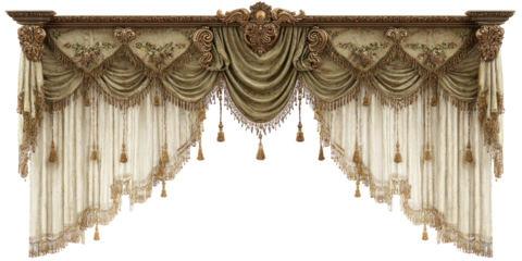 Ornate window treatment with swag, valance, and tassels, featuring rich textures and golden accents