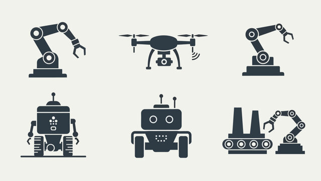 Industrial Robots and Machinery Icons Set.