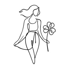 D&iacute;a de San Patricio. Dibujo sencillo con l&iacute;neas de mujer de pie con tr&eacute;bol de 3 hojas en la mano 