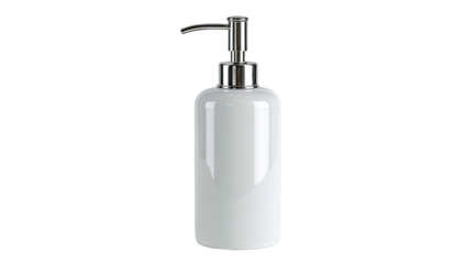 A sleek, modern white ceramic soap dispenser with a shiny silver-toned pump