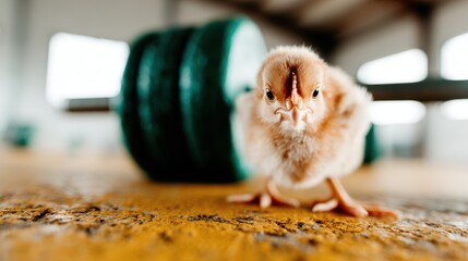 A small chick struts confidently in a gym setting, juxtaposing innocence with strength, showcasing a unique and humorous take on fitness culture in an unexpected way.