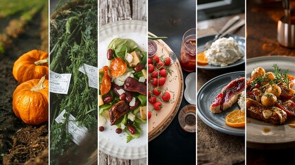 A vibrant collage of food with seasonal ingredients and culinary delights. This collage showcases a variety of dishes with diverse ingredients