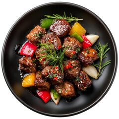 Gourmet Beef Stir-Fry with Bell Peppers and Rosemary in Black Bowl 