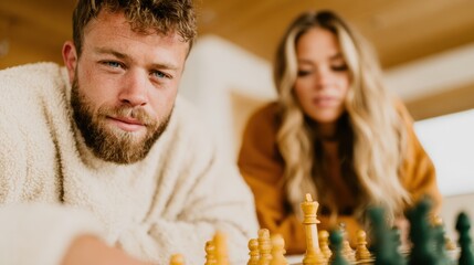 A man and a woman engage in a captivating game of chess, showcasing determination and strategy amid a cozy and stylish backdrop, embodying competition and intellectual challenge.