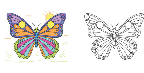 Butterfly Coloring Page and Colored Example for Kids, Vector Illustration of a Beautiful Butterfly with Sun and Grass for Educational Activity and Creative Hobby Fun