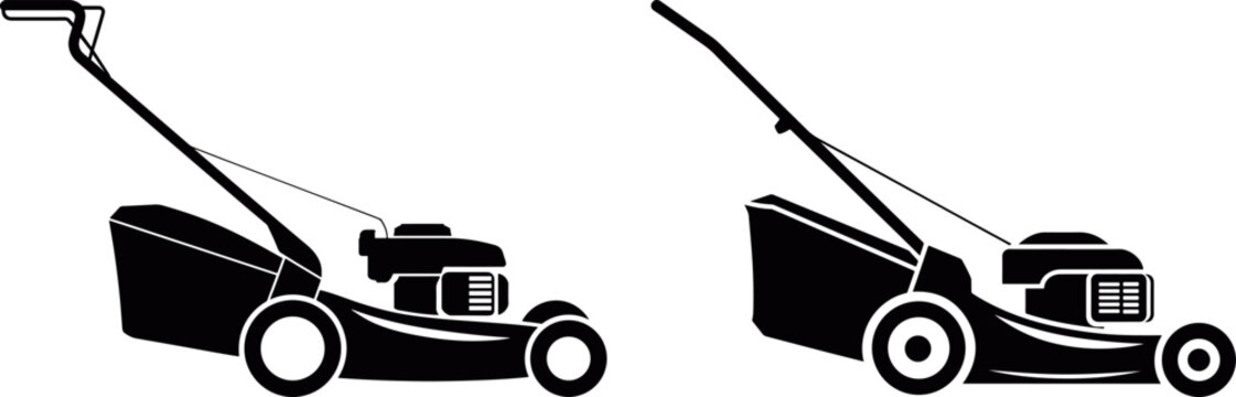 lawn mower silhouette icon set gardening tools, grass cutter machine pictogram vector collection, garden maintenance equipment silhouette