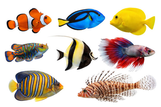 Png collection of colorful tropical fish isolated on transparent background. concept of marine life, aquarium decoration, exotic ocean creatures, vibrant fish illustration - Powered by Adobe