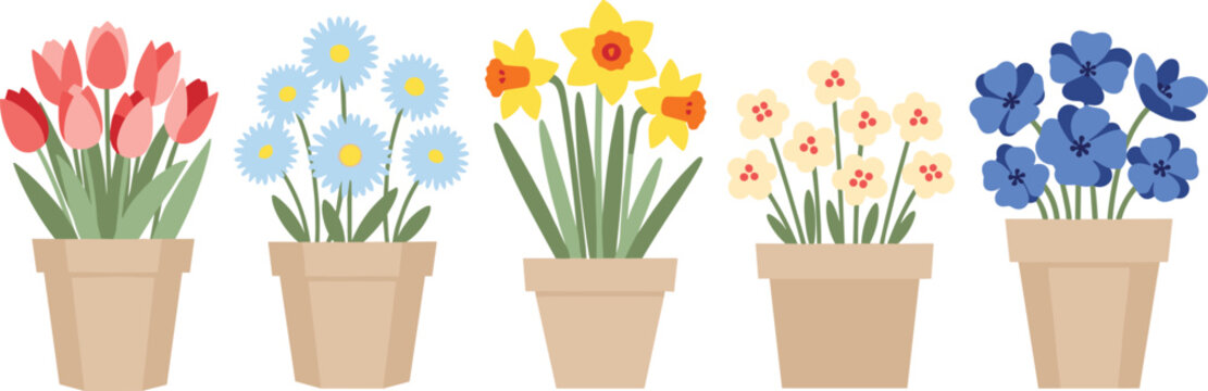 Collection of colorful potted flowers including tulips, daisies and spring blossoms, cute flat floral illustration set isolated on white background for home decor designs - Powered by Adobe