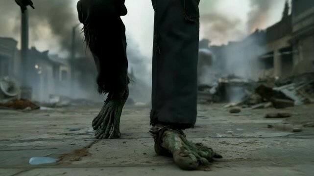 An undead zombie walking on a destroyed street. Horror concept.