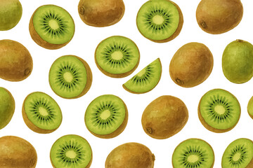 Fototapeta premium Png watercolor kiwi fruit seamless pattern isolated on transparent background. concept of tropical fruit art, organic design, fresh kiwi illustration, healthy food pattern