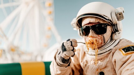 An astronaut enjoys a plate of spaghetti, humorously juxtaposed with a vibrant background featuring a ferris wheel, blending outer space with earthly delights.