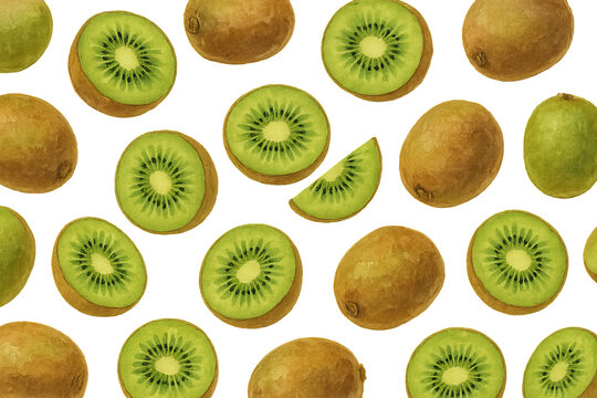 Png watercolor kiwi fruit seamless pattern isolated on transparent background. concept of tropical fruit art, organic design, fresh kiwi illustration, healthy food pattern