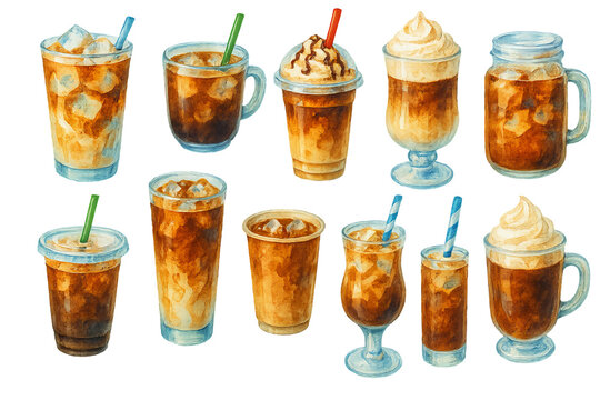 Png watercolor coffee set with iced and whipped variations isolated on transparent background. concept of cafe beverages, refreshing drinks, artistic coffee illustrations