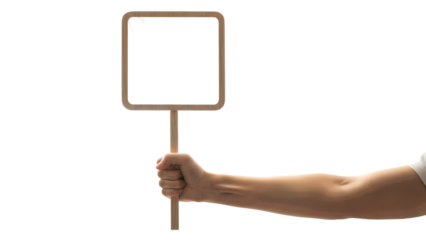 A hand holding a blank white sign isolated on transparent background
