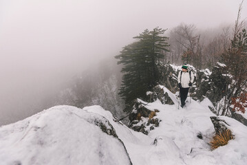 Man Tourist Hiking in Winter Mountain Landscape