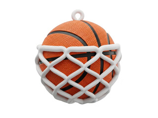 An orange basketball caught in a white net on a transparent background