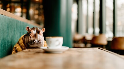 A whimsical scene of a hippo wearing a cozy scarf sits at a cafe table with a cup of coffee, blending humor and relaxation in a unique and playful atmosphere.