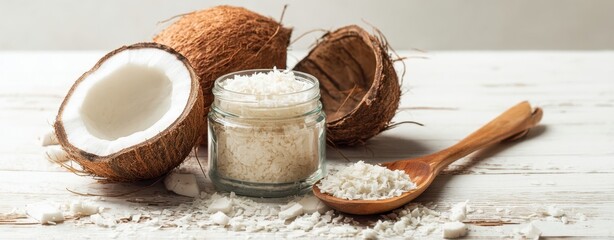 The Coconut Jar of Shredded Coconut with Halved Coconuts and Wooden Spoon