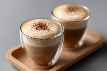 Obraz premium Creamy tahini latte served in elegant glass cups on wooden tray,