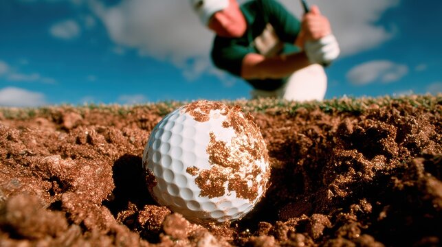 A close-up shot of a golf ball nestled in a sand trap, capturing the challenge faced by the golfer and the intricacies of the sport in a natural setting.