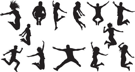 Black silhouettes of diverse people jumping running and celebrating isolated on white background group of active men and women for success and freedom concept