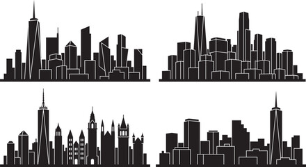 Obraz premium Black silhouettes of diverse urban city skylines and modern skyscrapers isolated on white background metropolis architecture and downtown cityscape for travel and business designs