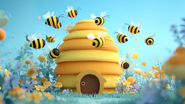 Colorful 3D illustration of bees buzzing around a vibrant beehive