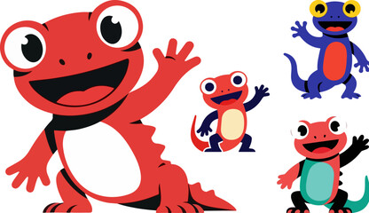 Obraz premium Four colorful and friendly cartoon gecko illustrations waving happily with large eyes and smiling mouths providing vibrant reptile mascots for children's content.