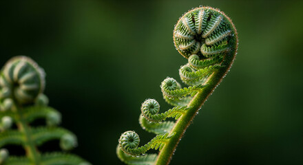 Macro Shot of a Green Fern Fiddlehead with Dew Drops in Soft Natural Light, Symbol of Growth and Spring Renewal
