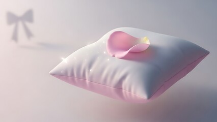 Soft pink pillow with rose petal floating in serene atmosphere