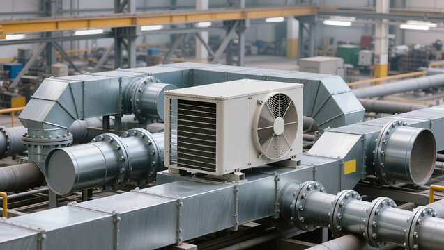Large HVAC installation in industrial facility with central unit, fan, heat exchanger and network of cylindrical and rectangular ducts, showing industrial climate control systems