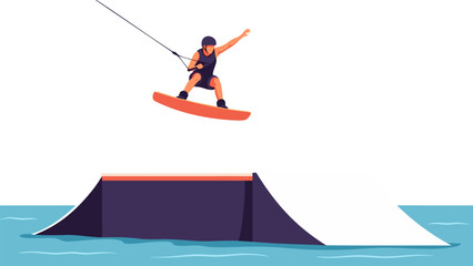 Wakeboarding jump vector illustration, a person in mid-air performing a trick on a wakeboard above a ramp on the water