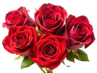 Obraz premium Bouquet of five red roses with green leaves on black background