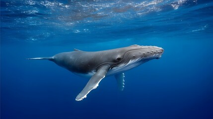 Naklejka premium A majestic humpback whale a gentle giant of the ocean gracefully glides through the vast deep blue underwater world sunlight filtering from the