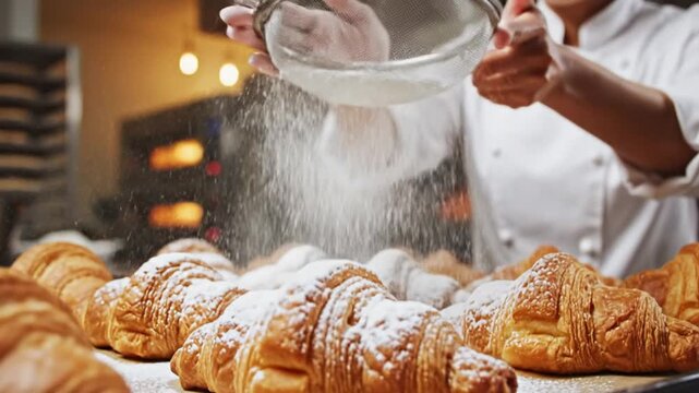 Woman baking croissants in kitchen.