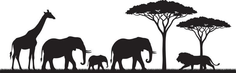 silhouettes of African safari animals including giraffe elephants and lion with acacia trees isolated on white background savanna wildlife and nature adventure concept © iTZ mE
