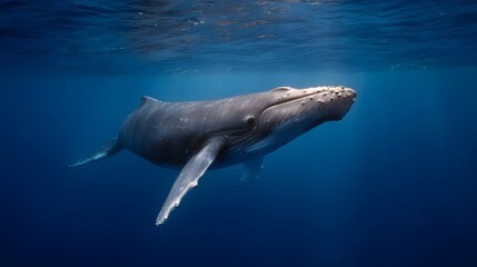 Fototapeta premium Majestic humpback whale swims gracefully beneath the ocean surface bathed in ethereal light
