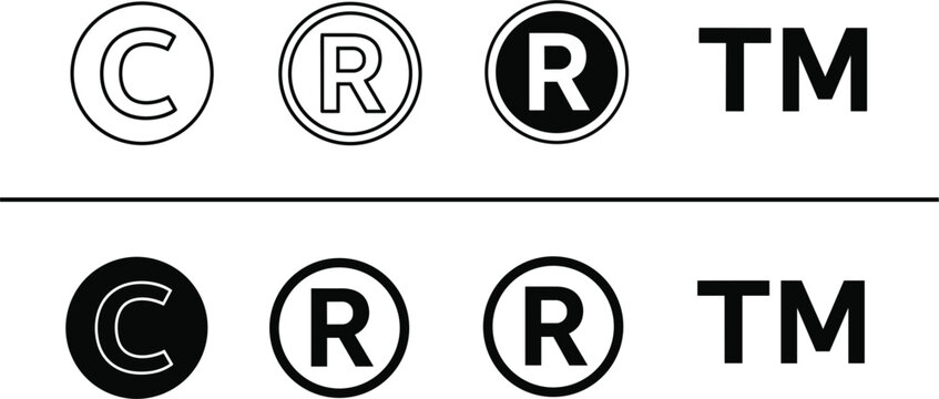Copyright trademark and registered symbol icons in black and white vector illustration