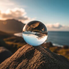 Fototapeta premium Crystal ball on rock with reflective landscape view of ocean and mountains at sunset