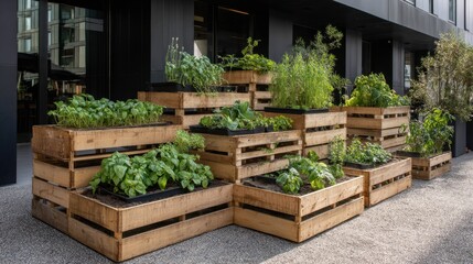 Crisp green herbs and vibrant vegetables thrive in wooden planters arranged outside a modern urban building, creating a lively garden space. This setting promotes sustainability and fresh produce.