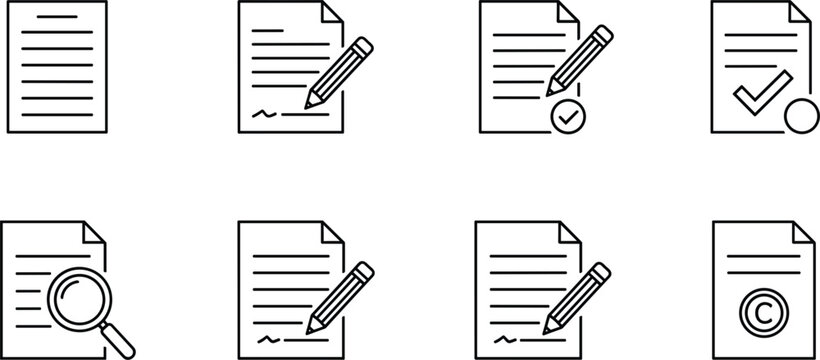 Document icons showing writing signing checkmark magnifying glass and copyright symbol paper