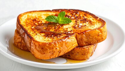 Close-up of golden-brown French toast, drizzled with syrup, garnished with mint, on a white plate. Freshly cooked breakfast